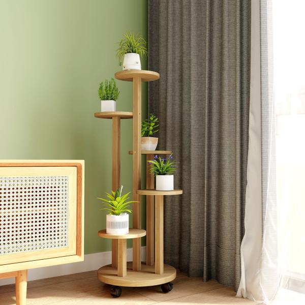 Suporte para Plantas em Bambu com Rodas de 5 Níveis Estante Redonda para Plantas para Cantos 33x33x90 cm Madeira