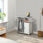 Móvel de Engomar de Madeira com Rodas Barra para Pendurar Roupa Prateleira Aberta e Tábua Dobrável 107x42,5x99 cm Branco