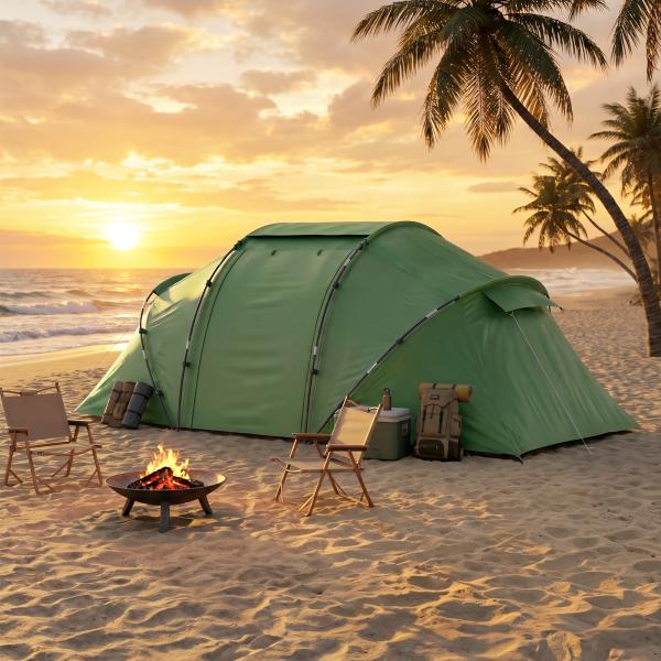 Tenda de Campismo Familiar para 4 Pessoas Tenda Dobrável Impermeável para Praia Parque 430x240x170 cm Verde
