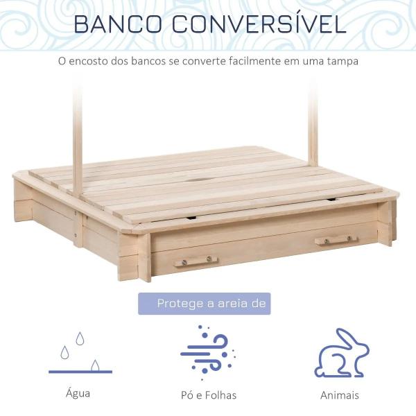 Caixa de Areia de Madeira para Crianças acima de 3 Anos com Banco e Toldo Ajustável Carga 50 kg 106x106x121 cm Madeira
