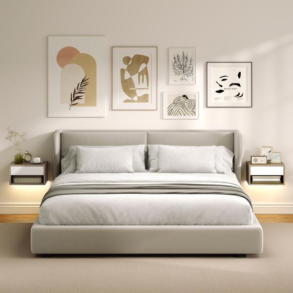 Conjunto de 2 Mesas de Cabeceira Flutuantes com Luzes LED RGB Controlo por APP e Prateleira Aberta 37x32x21 cm Madeira e Branco