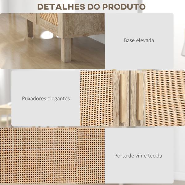 Aparador de Sala de Estar com 2 Portas de Rede e Prateleiras Ajustáveis Armário Estilo Cannage Anti - Tombo para Cozinha 73x41x102 cm Madeira