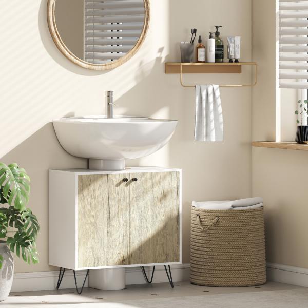 Móvel para Lavatório Pousar de Madeira com 2 Portas Prateleira e Pés de Aço 60x30x60cm Carvalho e Branco