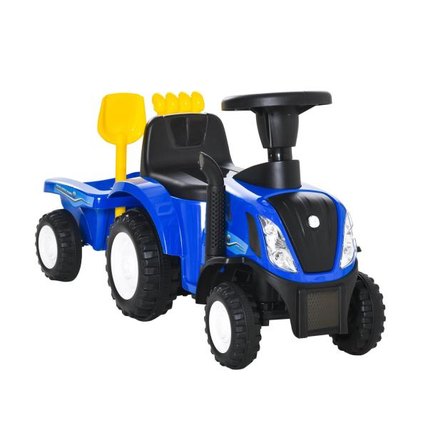 Trator para Crianças de 12 - 36 Meses com Reboque Removível Carro Andador com Buzina Farol Pá e Ancinho Carga 25kg 91x29x44cm Azul