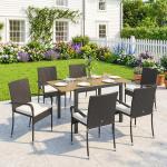 Conjunto de Mesa e Cadeiras de Jardim em Vime 7 Peças com Mesa Extensível em Madeira e 6 Cadeiras Empilháveis Creme
