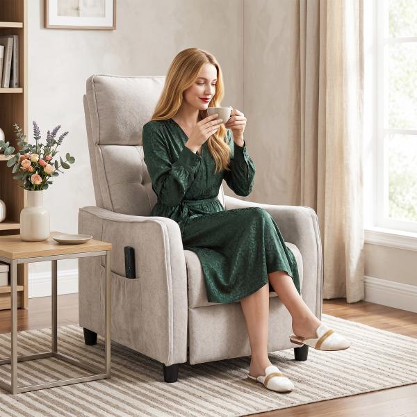 Poltrona de Massagem Reclinável com Apoio para Pés 2 Zonas de Massagem Assento com Molas Bolsos Estofamento em Linho Creme