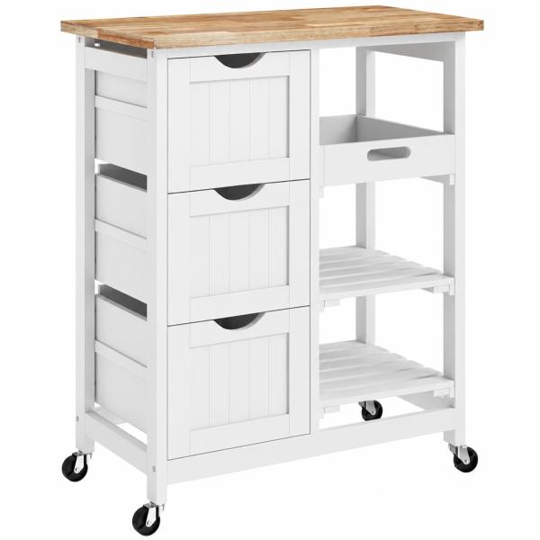 Carrinho de Cozinha com Rodas Carrinho de Serviço com 3 Gavetas 2 Prateleiras Abertas e Bandeja 67x37x85,5 cm Branco