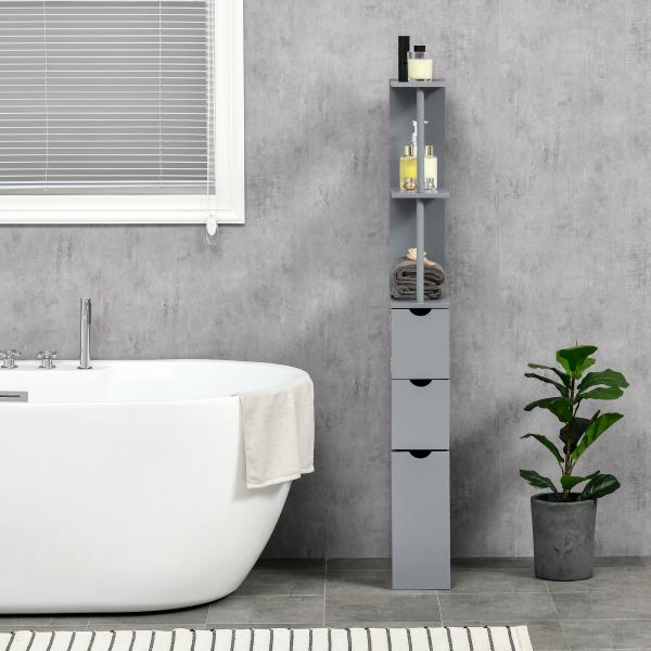 Coluna de Casa de Banho Moderno Móvel Auxiliar com 2 Prateleiras, 2 Gavetas e 1 Porta Anti - queda 15x33x136,8 cm Cinzento