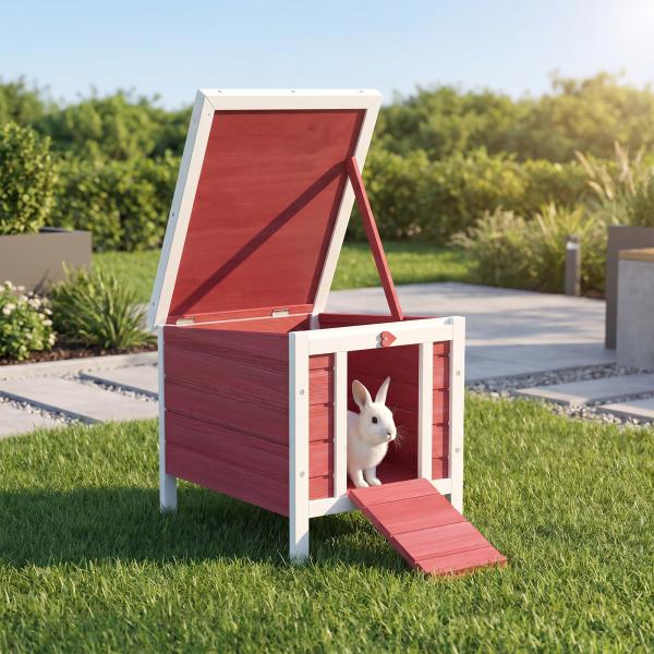 Coelheira de Madeira Exterior Coelheira para Roedores Animais de Estimação Pequenos com Teto Asfáltico e Rampa Antiderrapante 42x51x43cm Vermelho