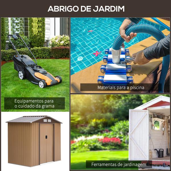 Abrigo de Jardim 213x130x185cm Abrigo de Jardim Metálico de Exterior com 2 Portas Deslizantes e 4 Janelas Marrom Claro