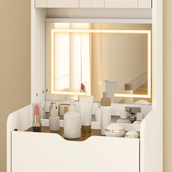 Toucador de Maquilhagem com Luzes LED de 3 Cores Espelho Rebatível e Banco Acolchoado 50x40x160 cm Branco