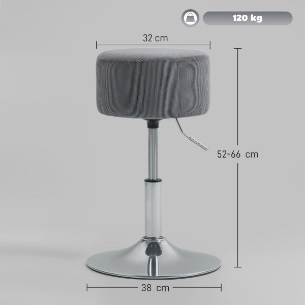 Banco de Bar Banco Alta de Cozinha Ajustável em Altura 52 - 66 cm Estofado em Veludo Giratória a 360° Cinzento