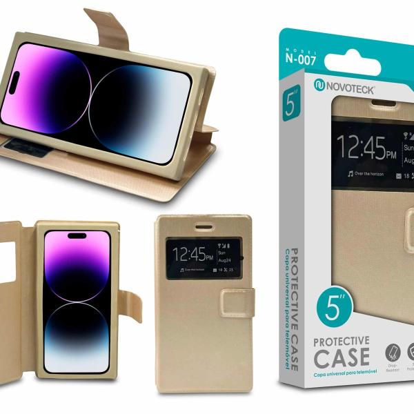 Capa Protetora Universal Dourado para Smartphone de 5'' N-007 - Visor Inteligente, Resistência a Impactos e Suporte Integrado