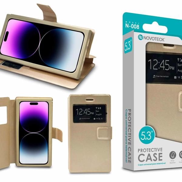 Capa Protetora Universal Dourado para Smartphone de 5.3'' N-008 - Visor Inteligente, Resistência a Impactos e Suporte Integrado