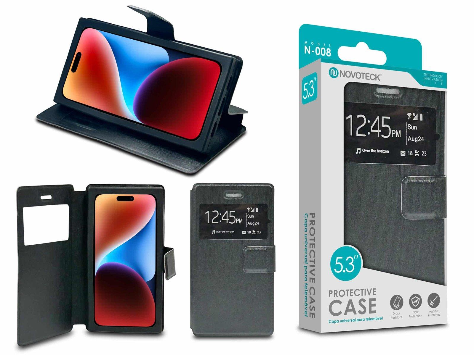 Capa Protetora Universal Negro para Smartphone de 5.3'' N-008 - Visor Inteligente, Resistência a Impactos e Suporte Integrado