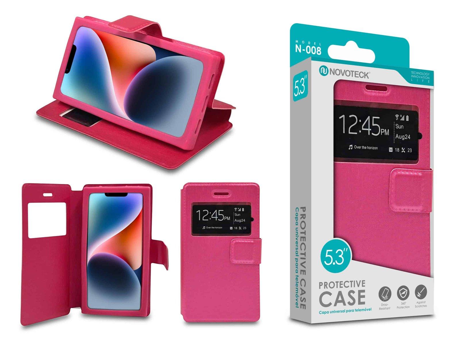 Capa Protetora Universal Rosa para Smartphone de 5.3'' N-008 - Visor Inteligente, Resistência a Impactos e Suporte Integrado