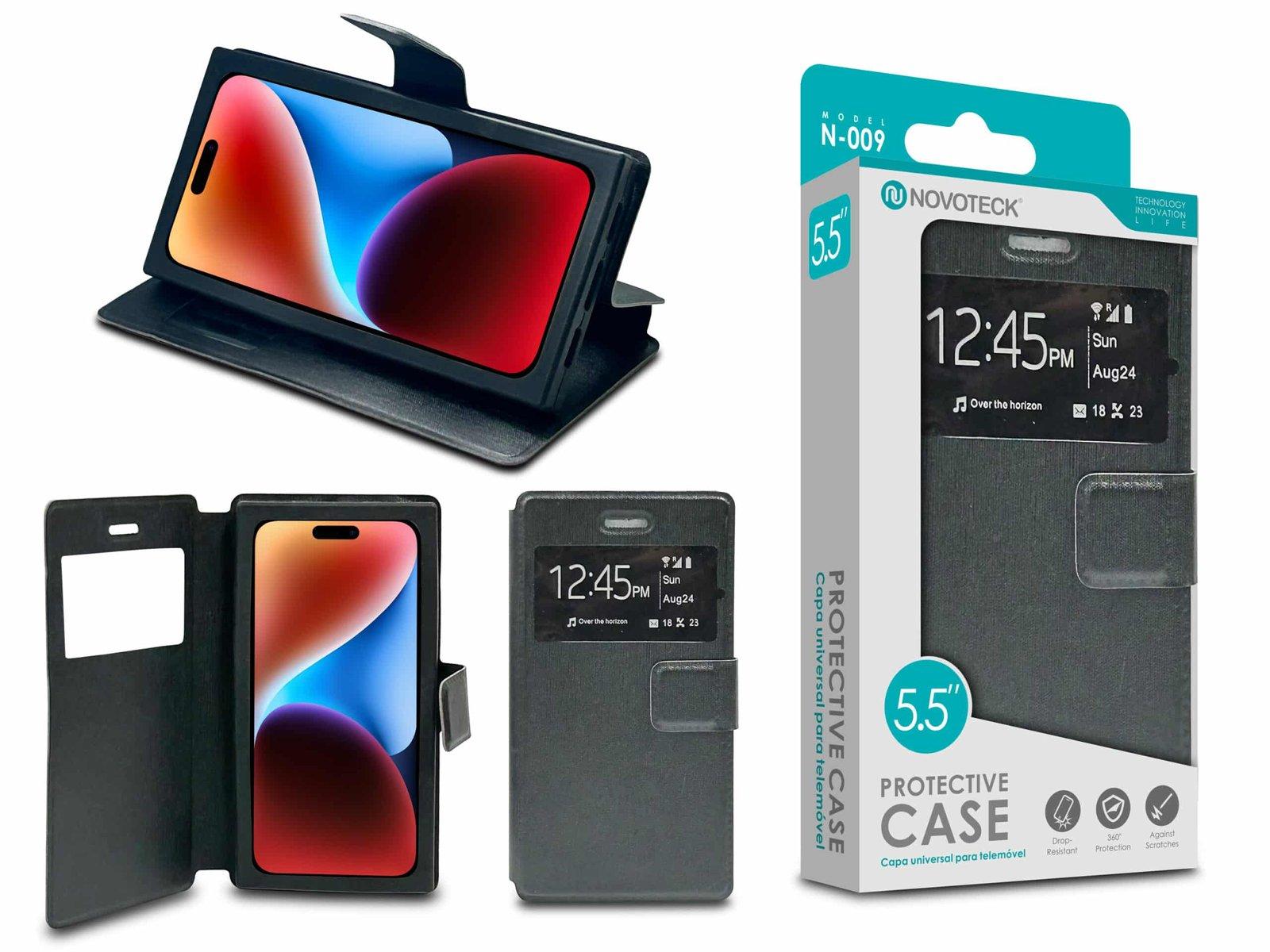 Capa Protetora Universal Negro para Smartphone de 5.5'' N-009 -  Visor Inteligente, Resistência a Impactos e Suporte Integrado