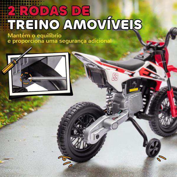 Mota Elétrica para Crianças com Bateria 12V Música Velocidade 2,4 - 5 km/h e Rodas Auxiliares 109,5x60x72,5 cm Vermelho