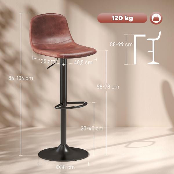 2 Bancos de Bar Reguláveis em Altura 84 - 104 cm com Encosto e Apoio para os Pés Estofadas em PU Giratórias em 360° Marrom