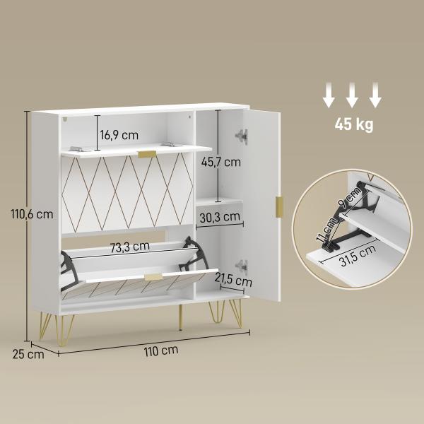 Sapateira Estreita com 2 Compartimentos Abatíveis Armário e Prateleiras Ajustáveis 10 - 14 Pares de Sapatos 110x25x110,6 cm Branco