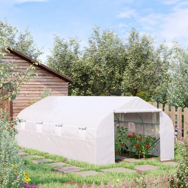 Estufa Tipo Túnel de Jardim 600x300x200cm para Cultivo de Plantas Verduras com 8 Janelas e Porta Enroláveis com Zíper Aço Branco