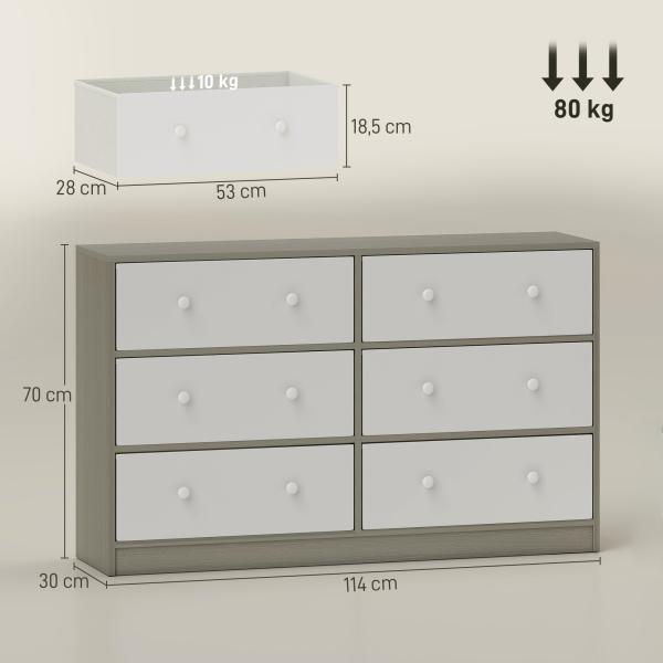 Cómoda com 6 Gavetas de Tecido Cómoda para Quarto Estrutura de Aço e MDF 114x30x70 cm Branco e Cinza