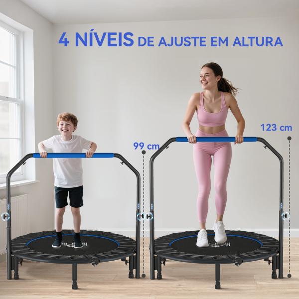 Trampolim Fitness Ø122 Trampolim Dobrável com Pega Ajustável em 4 Níveis Estrutura de Aço Azul