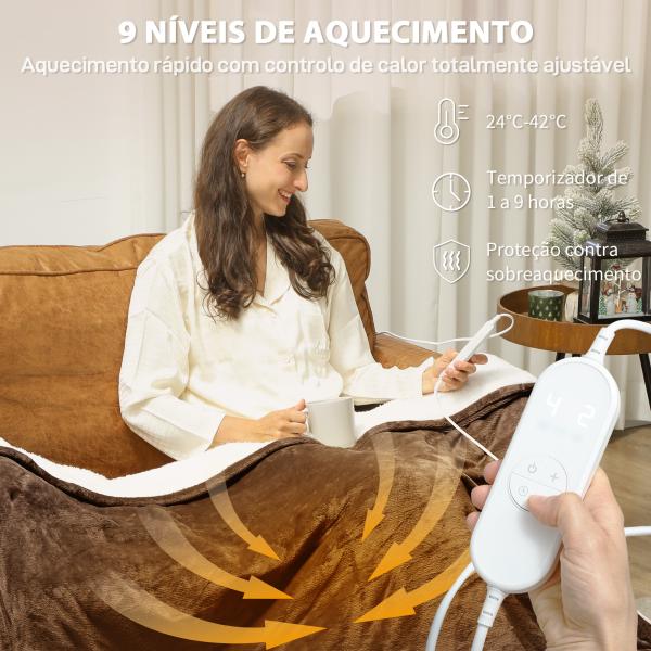 Manta Elétrica 180x130 cm Manta Térmica com Tecido Suave 10 Níveis de Temperatura e Temporizador Marrom