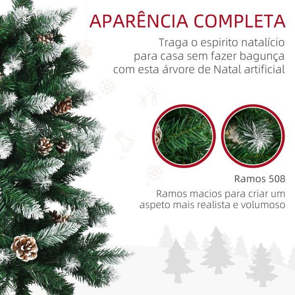 Árvore de Natal Artificial Nevada 180 cm com 508 Ramos 49 Pinhas Base Dobrável e Suporte de Aço Ø73x180 cm Verde e Branco