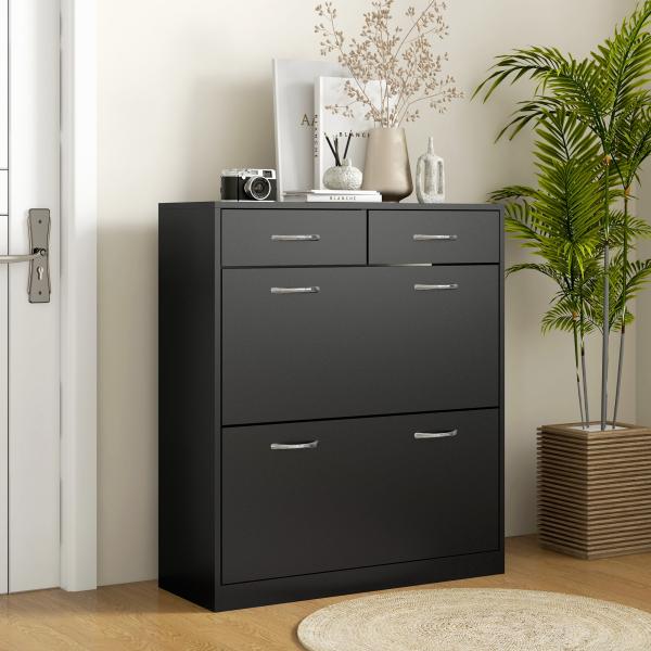 Sapateira Estreito com 2 Compartimentos e 2 Gavetas para 12 Pares de Sapatos 80x30x91,5 cm Preto
