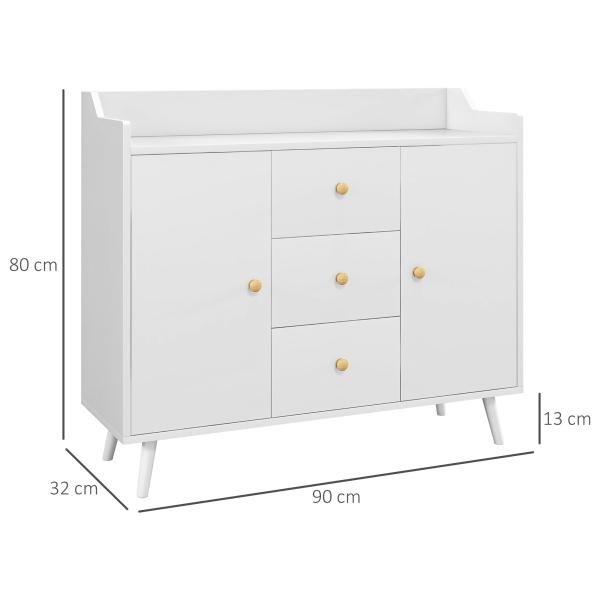 Aparador Sala de Estar Moderno com 2 Portas 3 Gavetas e Pés de Madeira de Pinho 90x32x80 cm Branco