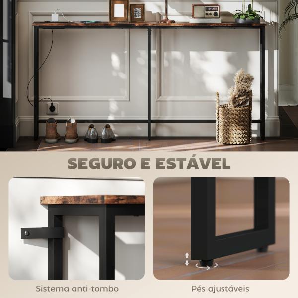 Mesa de Consola Estreita Consola com Estação de Carga Estrutura de Aço Estilo Industrial para 160x20x80 cm Marrom Rústico
