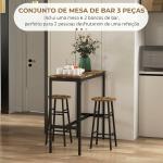 Conjunto de Mesa Alta de Cozinha com 2 Bancos Estrutura em Aço Estilo Industrial para Sala de Jantar Castanho Rústico