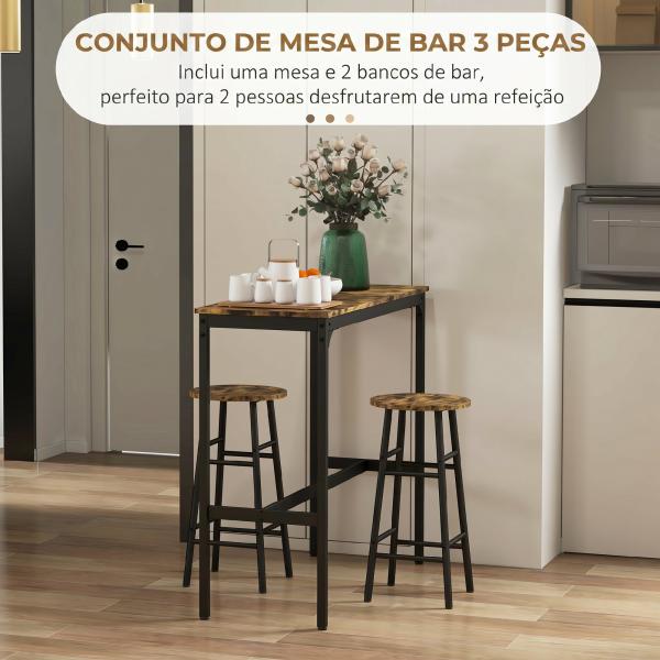 Conjunto de Mesa Alta de Cozinha com 2 Bancos Estrutura em Aço Estilo Industrial para Sala de Jantar Castanho Rústico