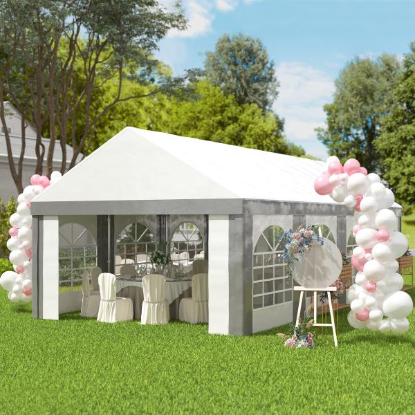 Tenda para Festa 4x8 m Tenda de Jardim com Paredes Removíveis Portas e Janelas Anti - UV para Casamento e Eventos Cinzento