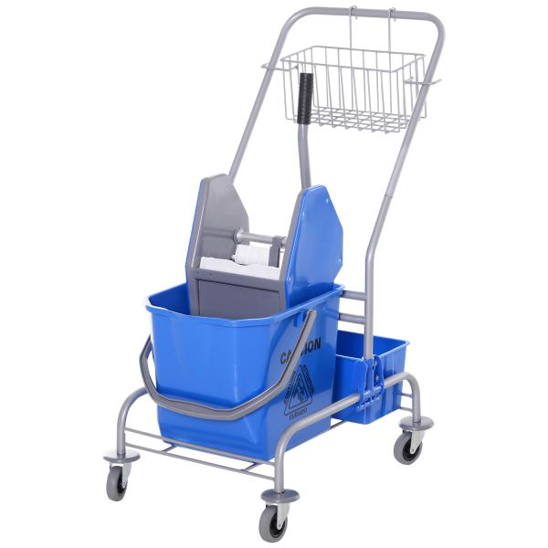 Carro de Limpeza Profissional com Rodas Balde de Esfregona Removível de 25L Espremedor Cesto e Cubeta 72x49,5x95 cm Azul
