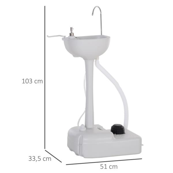 Lavatório Portátil para Campismo com Depósito de Água de 17L Dispensador de Sabão e 2 Rodas 51x33,5x103 cm Cinza Claro