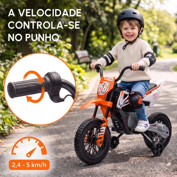 Moto Elétrica Infantil 12V com Música, Velocidade 2,4 - 5 km/h, Rodas Auxiliares, 109,5x60x72,5 cm, Laranja