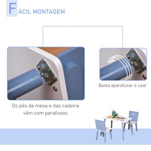 Conjunto de Mesa Infantil e 2 Cadeiras de Madeira Mesa com Cadeiras para Crianças de 2 - 4 Anos Branco e Azul