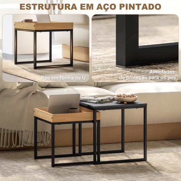 Mesas Auxiliares para Sala de Estar Conjunto de 2 Mesas Mesas de Centro Pequenas Preto e Carvalho