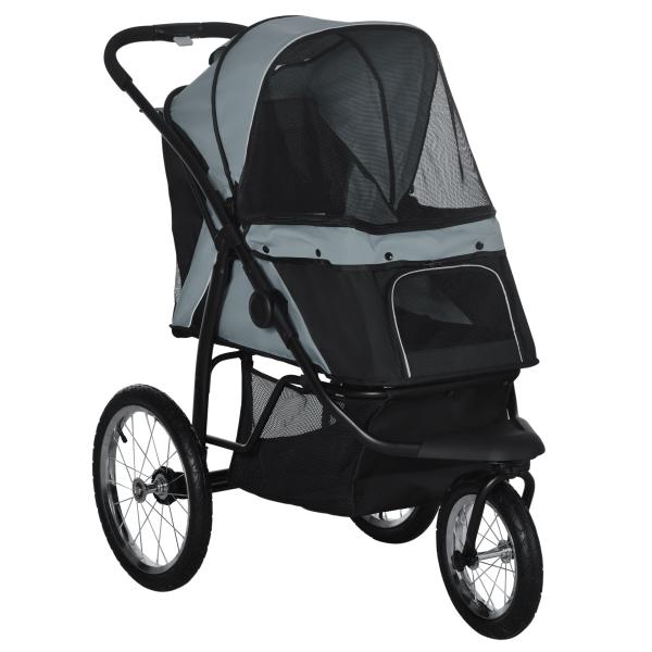 Carrinho para Cães Dobrável para Cães Médios e Pequenos com Cesta de Armazenamento Capota Ajustável 111x58x107 cm Cinza