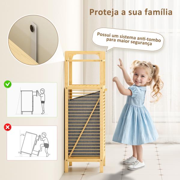Armário para Roupa de Bambu Móvel Auxiliar para Casa de Banho 40x30x95 cm com 2 Prateleiras Abertas Cesto Amovível Madeira