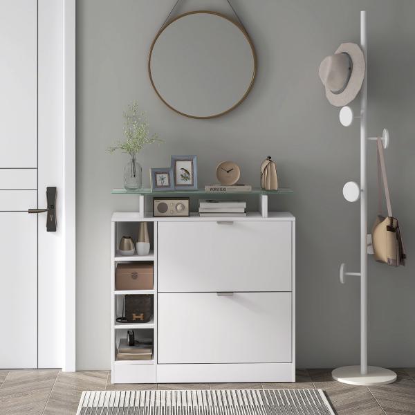 Sapateiro com Gavetas Basculantes, Prateleiras Ajustáveis e Prateleiras Abertas para 12 Pares de Sapatos 89x25x92 cm Branco