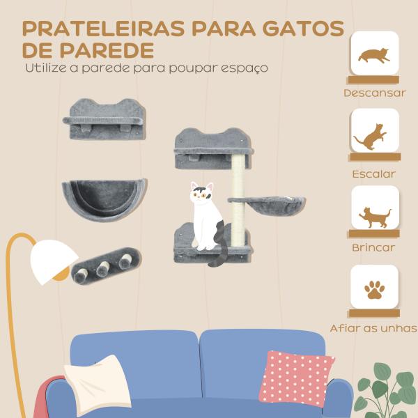 Prateleiras de Parede para Gatos 4 Peças com Rede Plataforma Semicircular Plataformas de Salto e Poste de Sisal Cinza