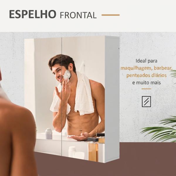 Armário de Casa de Banho com Espelho de Parede com 2 Portas e Prateleira Ajustável Fecho Suave 60x15x70 cm Branco