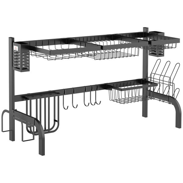 Escorredor de Louça de Aço de 2 Níveis com Prateleira para Pratos Suporte para Facas e Talheres 100x30x52,5cm Preto