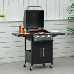 Barbecue a Gás com 3 Queimadores Termómetro 2 Prateleiras Laterais Armário 4 Rodas e Travão 121x55x109 cm Preto