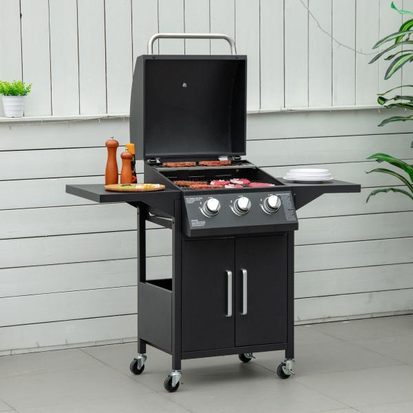 Barbecue a Gás com 3 Queimadores Termómetro 2 Prateleiras Laterais Armário 4 Rodas e Travão 121x55x109 cm Preto