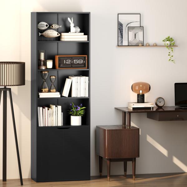 Estante para Livros de 6 Níveis Portas e 4 Prateleiras Abertas para Sala Escritório 59x29x180 cm Preto