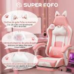 Cadeira Gaming com Orelhas Cadeira Gamer Reclinável com Altura Ajustável e Suporte Lombar 65x62x116 - 124 cm Rosa e Branco